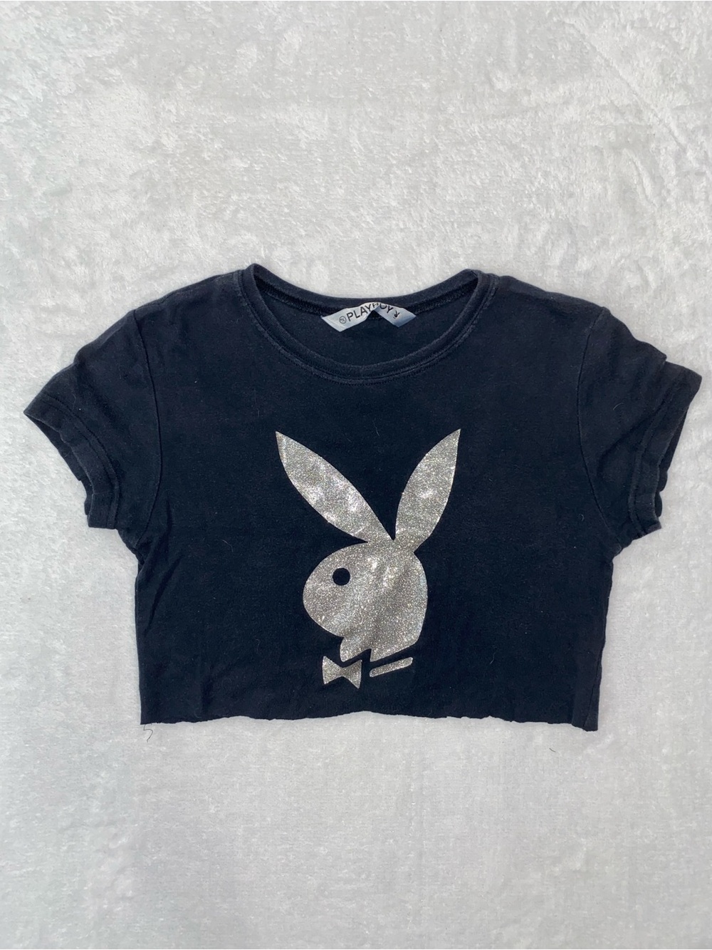PLAYBOY Black Crop Tee with Silver Glitter Bunny - (M/L)